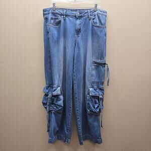 Wild Fable Denim Mid-Rise Wide Leg Baggy Cargo Jeans Streetwear Y2K Blue 12/R